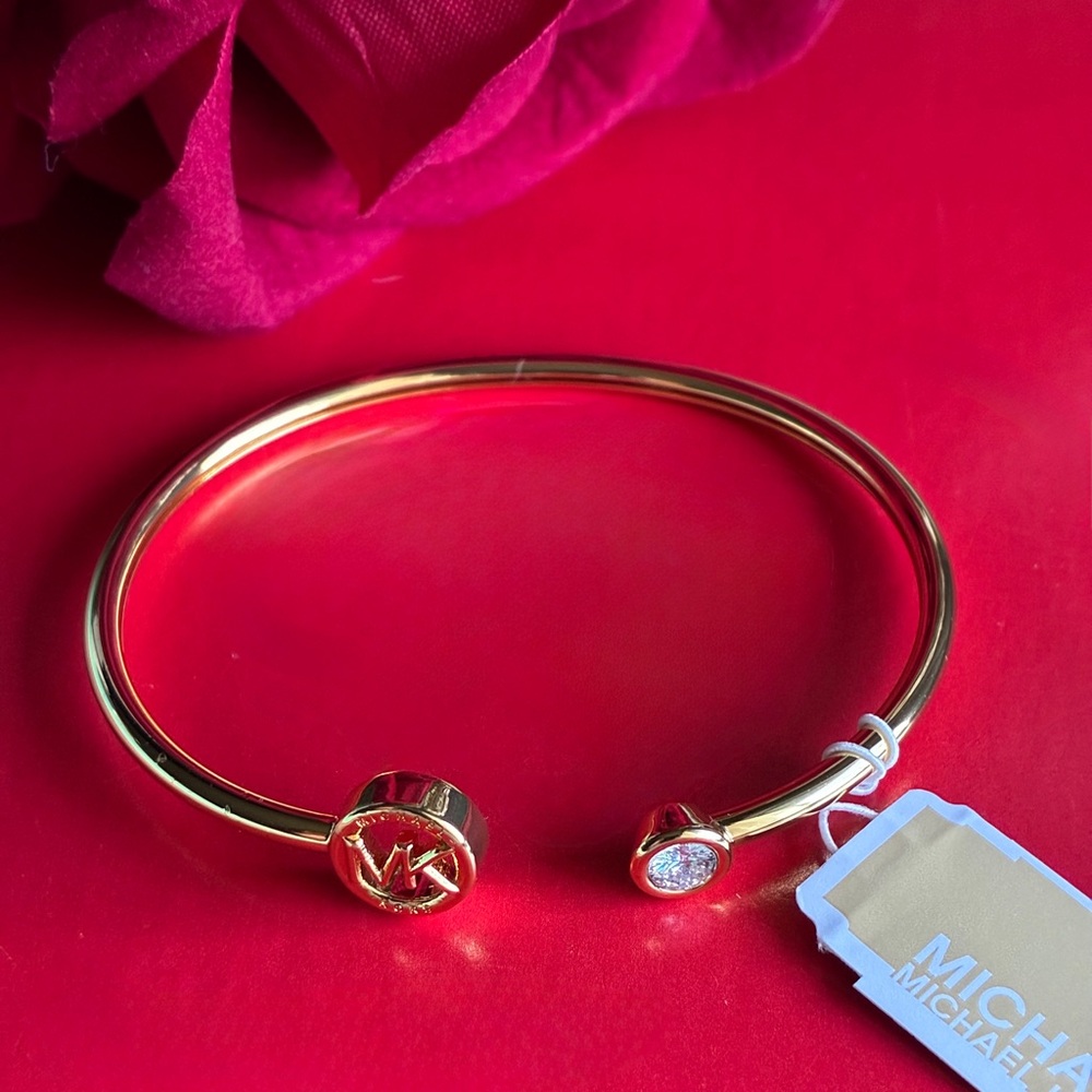 Michael Kors Gold-Tone Open Bangle Bracelet with MK Medallion - Picture 5 of 6
